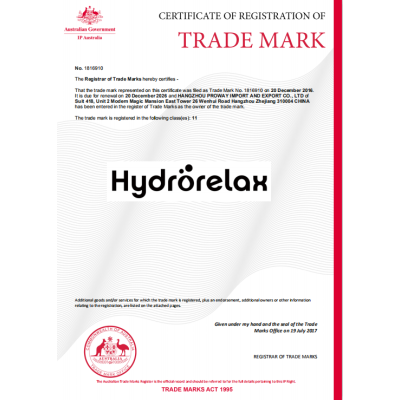 Hydrorelax Australian Trademark Certificate