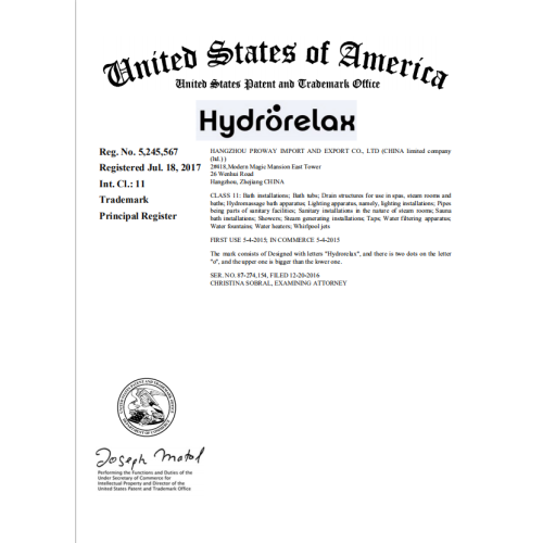 Hydrorelax US trademark certificate