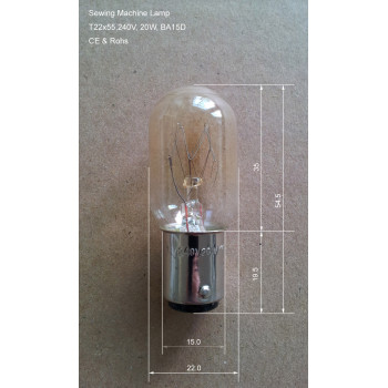 BA15D 20W Sewing Machine Lamp Bulb, Size T22x55