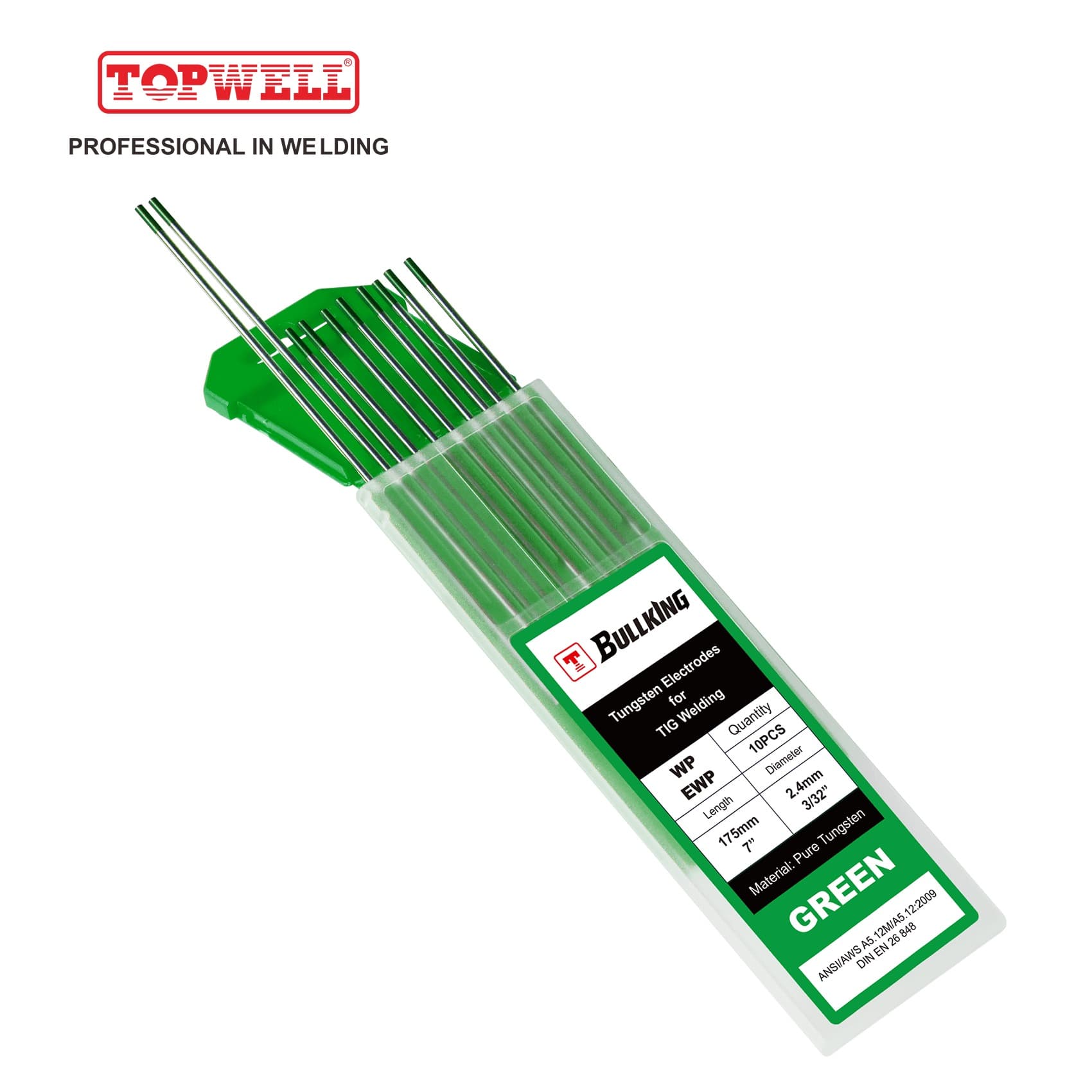 TIG Welding Tungsten Electrode Pure Tungsten 3/32 x 7 Green, EWP 10-pk 
