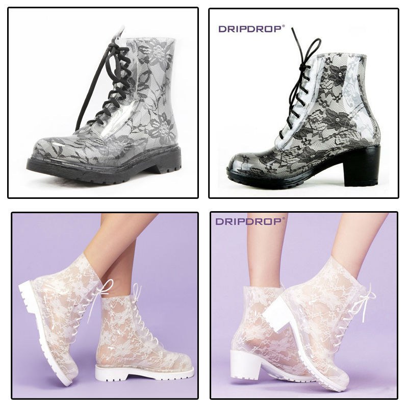 White Lace High Heel PVC Boots, Fashion Martin Rain Boots, Transparent Rain Boots