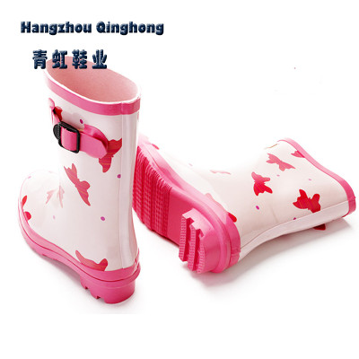 2015 Fashion red butterfly pattern printed lady ankle rain boot