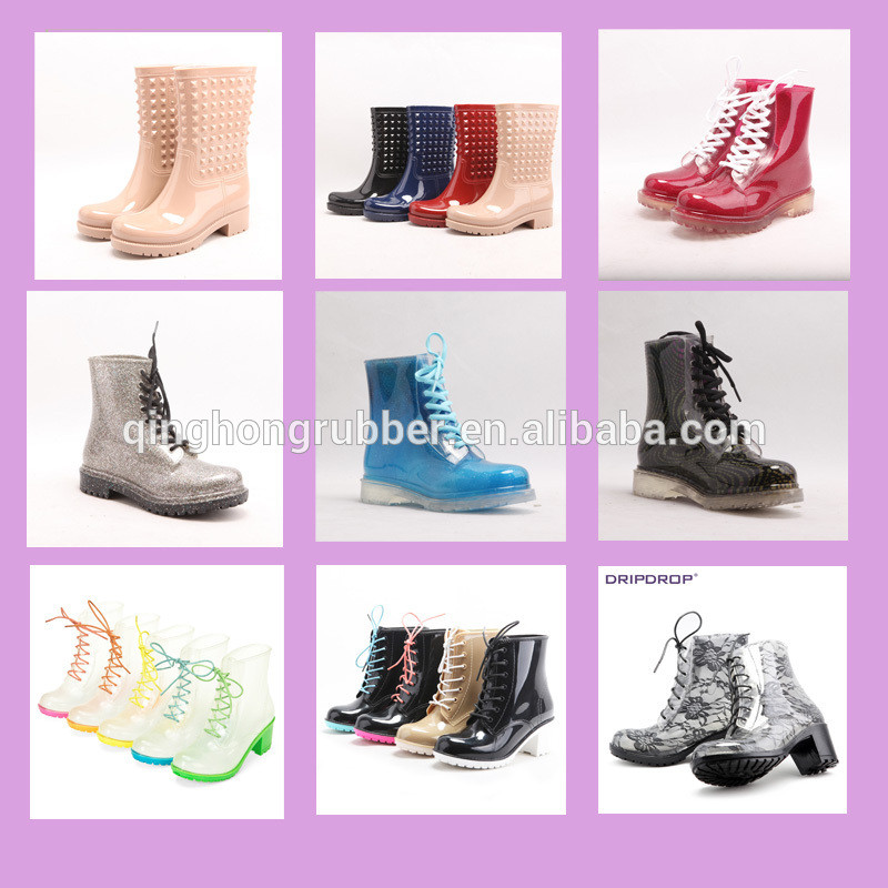 Fashion Ladie's lace up jelly rain women boots 2015