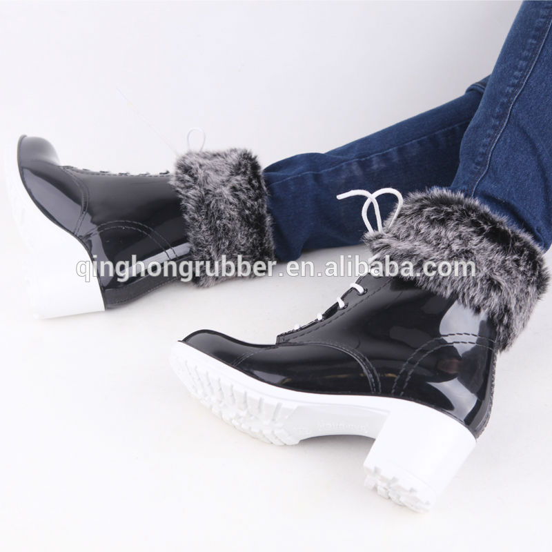 Ladies high heel rain boots with fur, rain boots wholesale