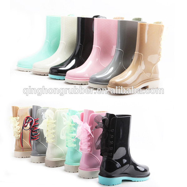 Fashion Ladie's lace up jelly rain women boots 2015