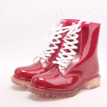 Shiny Red Lining Rain Boots, PVC Transparent Rain Boots Wholesale, Clear Shoes