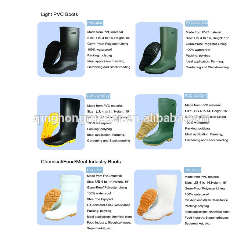 Polyester Lining Foodstuff /Chemical filed/Agriculture/PVC Work Boots, Light and Cheap Price