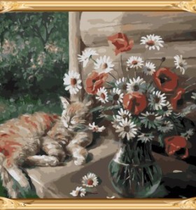 Gx600 foto diy by números cat y flor pintura moderna de la decoración del hogar