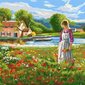village landscape women and flower design abstract oil paint by number GX6692 yiwu art suppliers