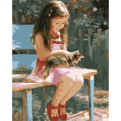 Coloring by numbers Canvas Acrylic Paint Set little girl and cat design GX7209