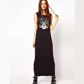 casual green eye cat printed sleeveless women maxi dresses for wholesale haoduoyi