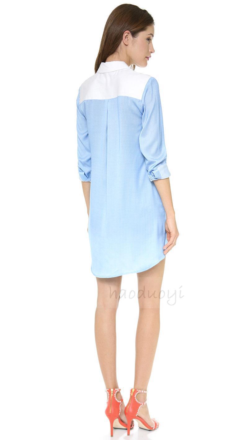 Women Boy Friend Style Blue and White Patchwork Long Sleeve Office Dresses for Wholesale Haoduoyi