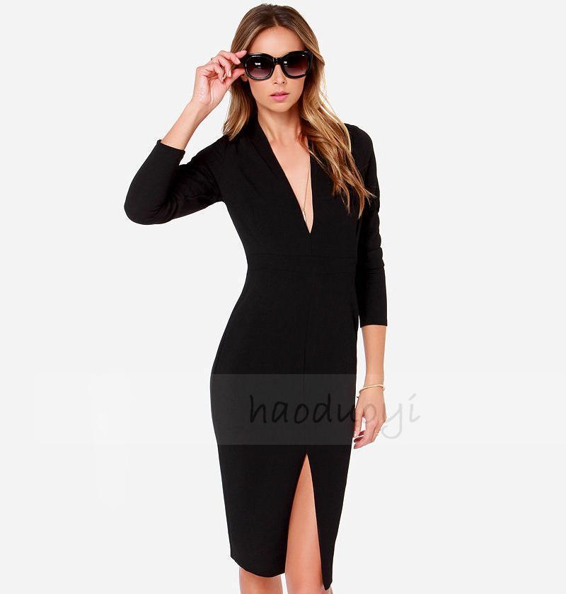 Women Sexy Black Deep V Neck Dresses Tight Dress for Wholesale Haoduoyi
