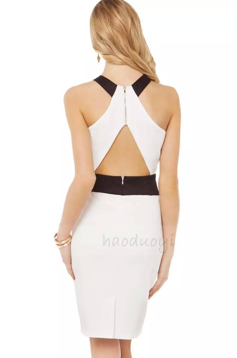 Women Fashion Sexy Deep V Neck Mini Black and White Patchwork Dresses with Crossing Tight Dress for Wholesale Haoduoyi