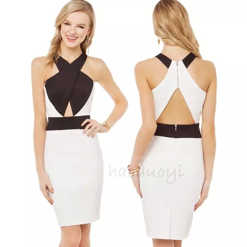 Women Fashion Sexy Deep V Neck Mini Black and White Patchwork Dresses with Crossing Tight Dress for Wholesale Haoduoyi