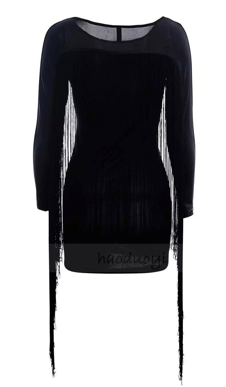 Women Black Tassel Sexy Style Mini Tassel Dress Long Sleeves Party Dresses for Wholesale Haoduoyi