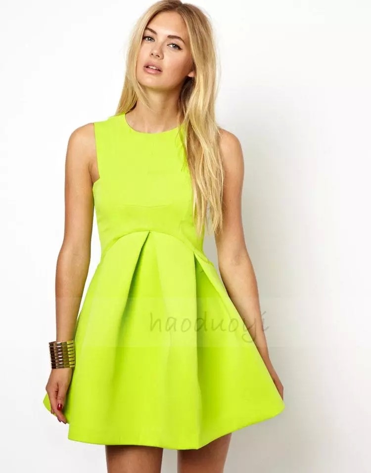 2015 Women Cute Lemon Yellow Mini Dress Zipper Back A Line Dresses with Fold for Wholesale Haoduoyi