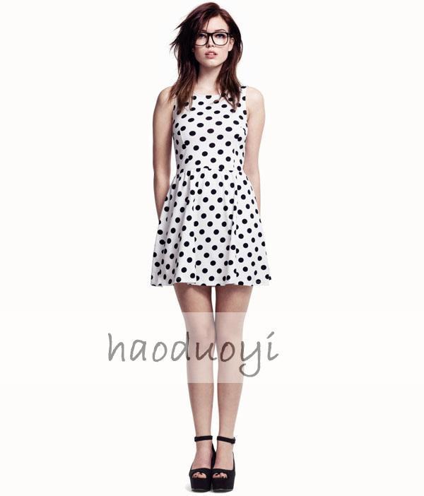 Women Black Dot Print Cute Fitness Mini Dresses A Line Dress for Wholesale Haoduoyi