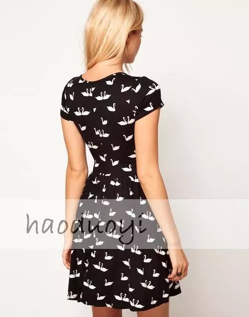 Women Cute Swan Print Deep V Neck Fitness Mini Dresses Black A Line Dress for Wholesale Haoduoyi
