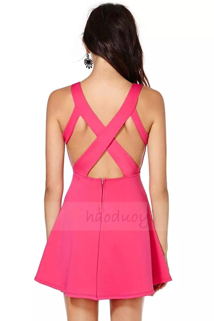 Women Pink Mini Dress NIKA Cross Halter Back Sexy A Line Dresses for Wholesale Haoduoyi