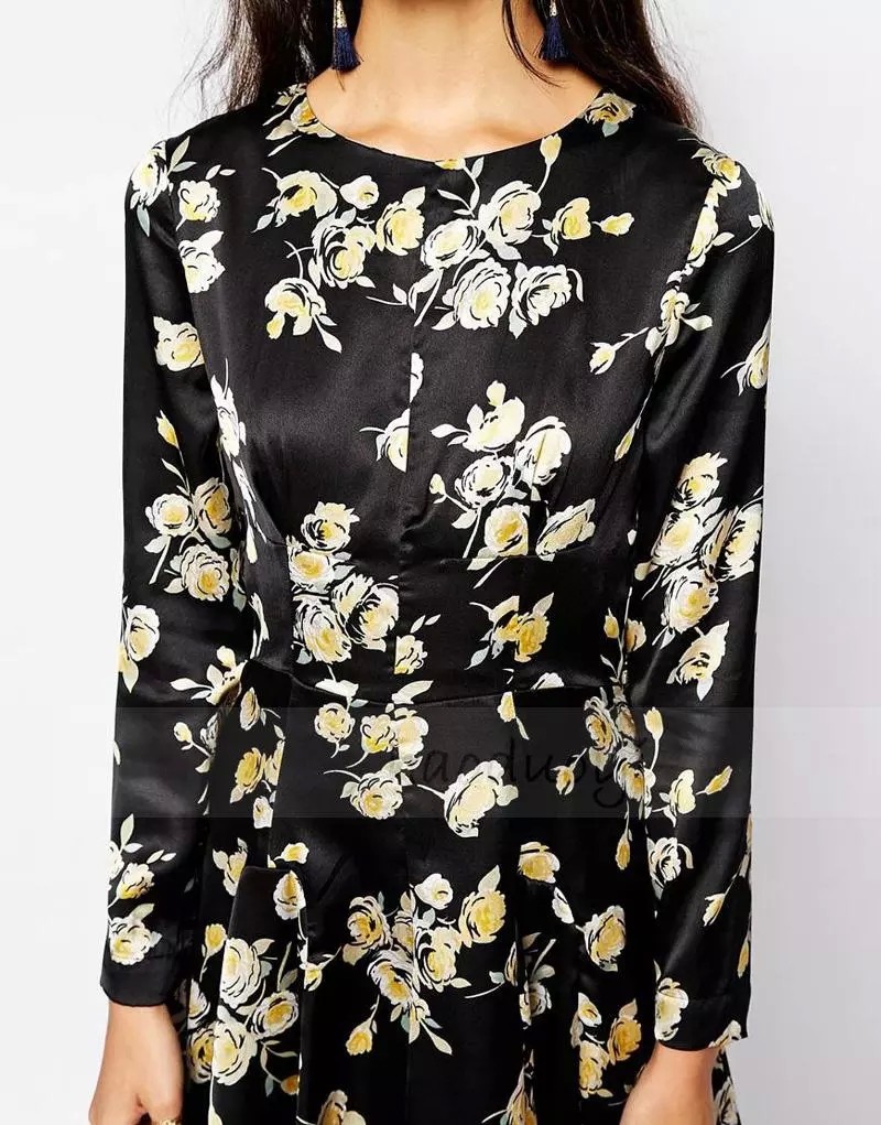 Women Black Rose Print Dress Long Sleeves A Line Dresses for Wholesale Haoduoyi