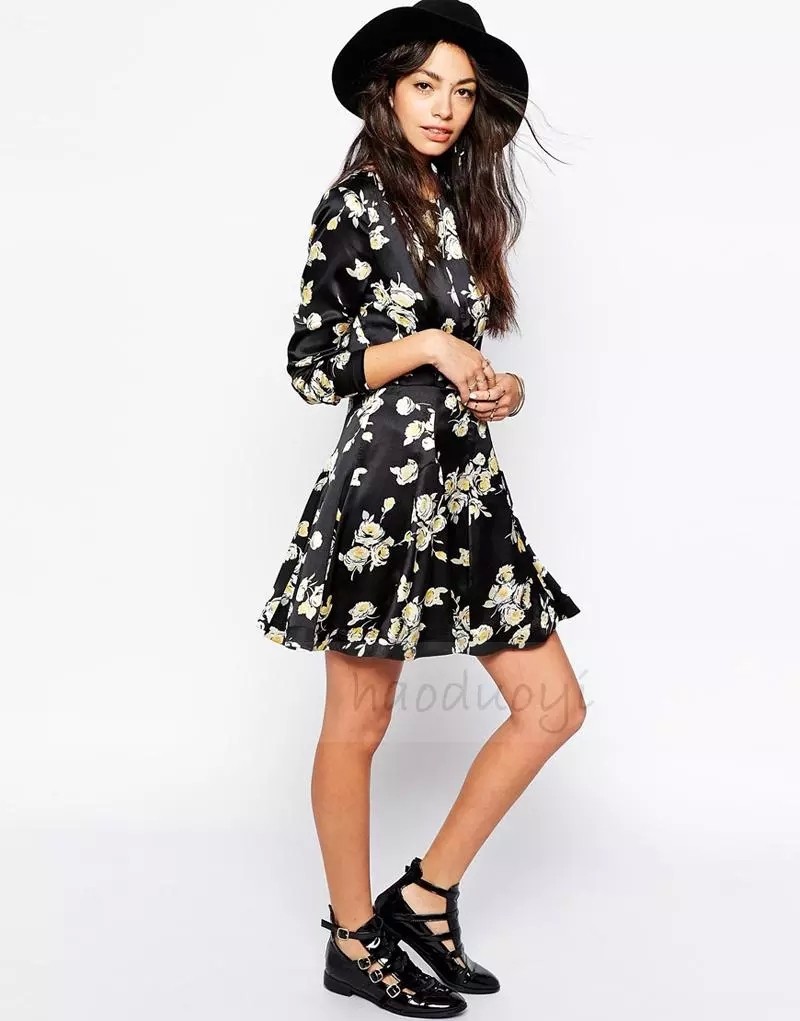 Women Black Rose Print Dress Long Sleeves A Line Dresses for Wholesale Haoduoyi