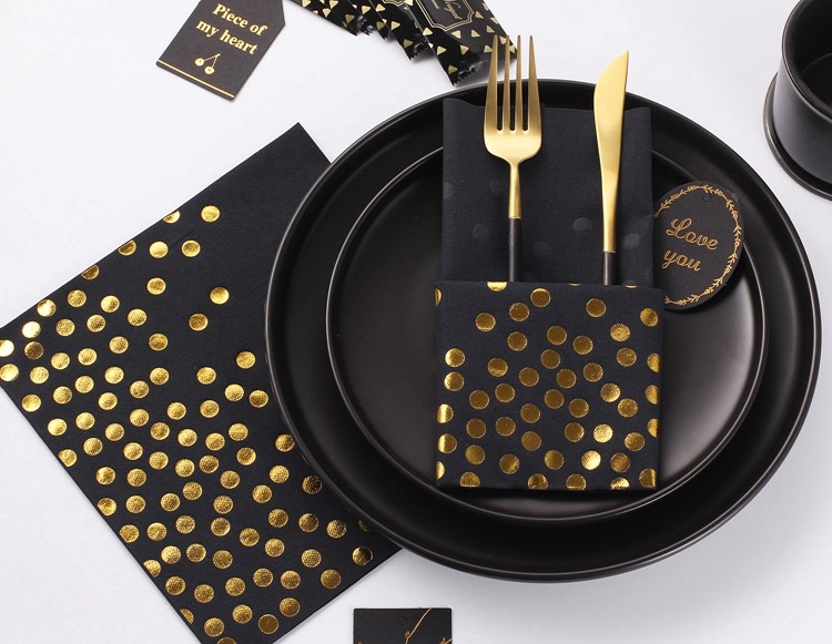 Lekoch Air-laid Disposables Paper Black with Gold Dots Napkins 50PCS