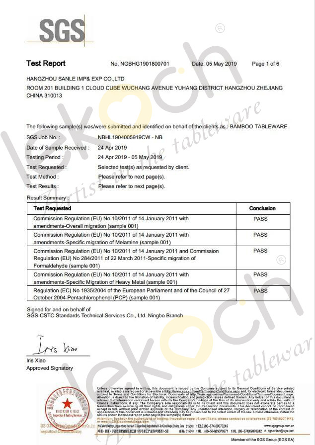 The LFGB and EU certificates of Lekoch bamboo dinnerware set