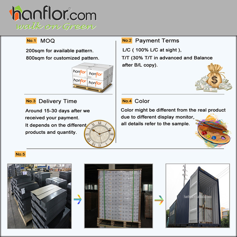 12.FAQ: moq of Hanhent hanflor pvc floor,200sqm for available pattern,800sqm fur customized pattern. Payment terms, L/C,100% L/C at sight, T/T.30% T/T in advance and balance after B/L copy. Delivery time, around 15-30days after we received your payment, It depends on the different products and quantity. Color, color might be different from the real product due to different display monitor, all details refer to the sample.plastic floor,pvc floor, Vinyl floor, plastic flooring, pvc flooring, Vinyl flooring, pvc plank, vinyl plank, pvc tile, vinyl tile, click vinyl flooring, interlocking vinyl flooring, unilin click flooring, unilin click vinyl flooring, click pvc flooring, interlocking pvc flooring, unilin click vinyl flooring, unilin click pvc flooring 