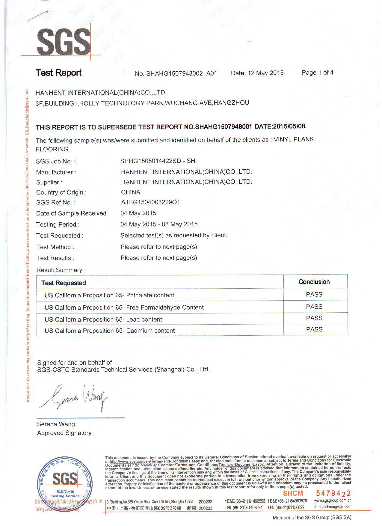 Rapport de test SGS prop65 US