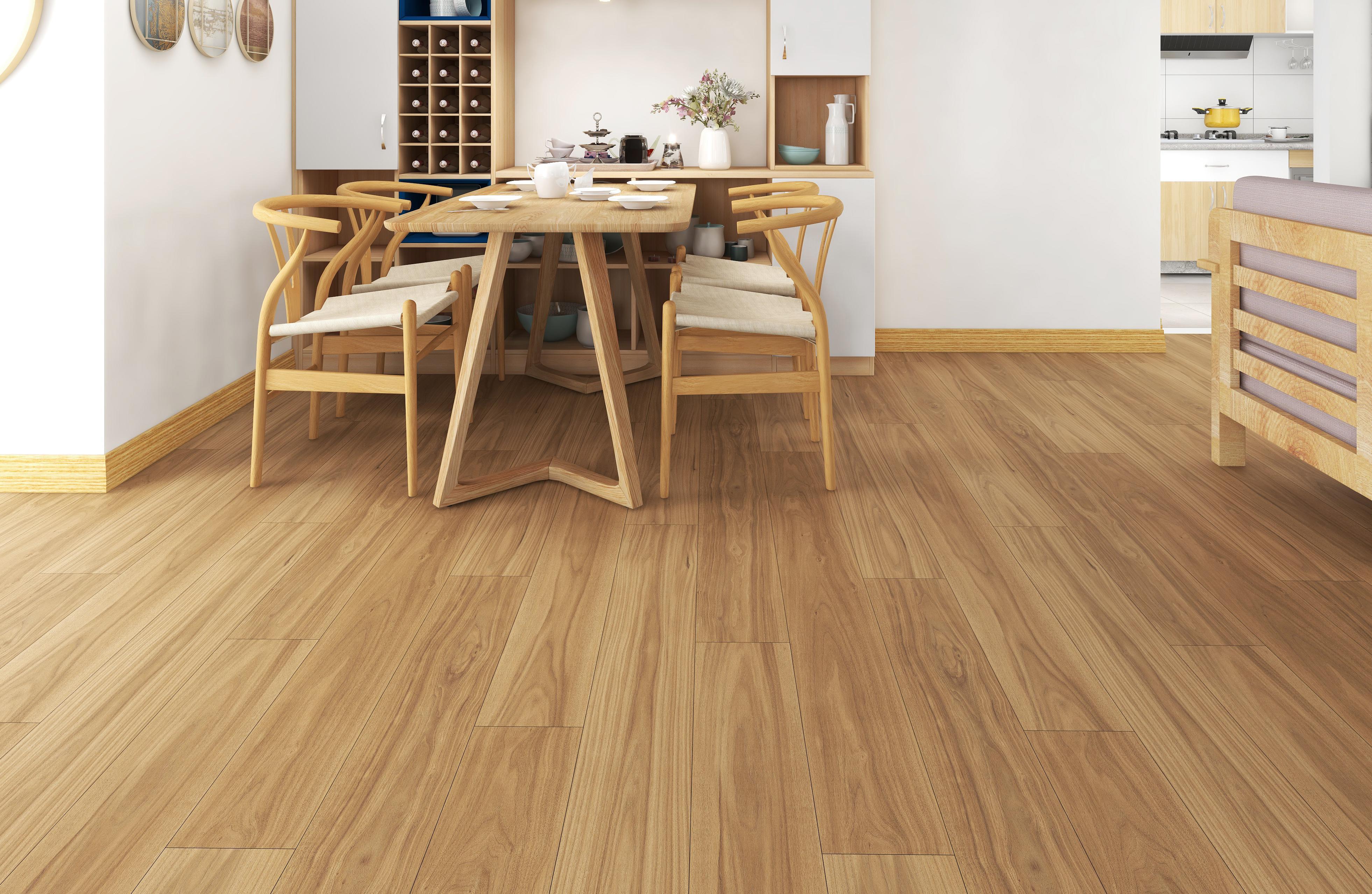 WPC vinyl plank flooring in a cozy warm bedroom interior