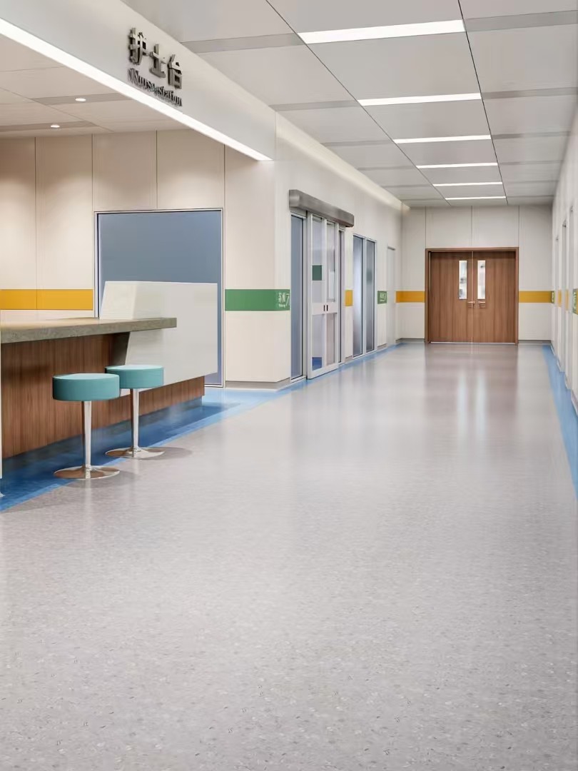 Seamless vinyl sheet flooring in a hospital with marble pattern