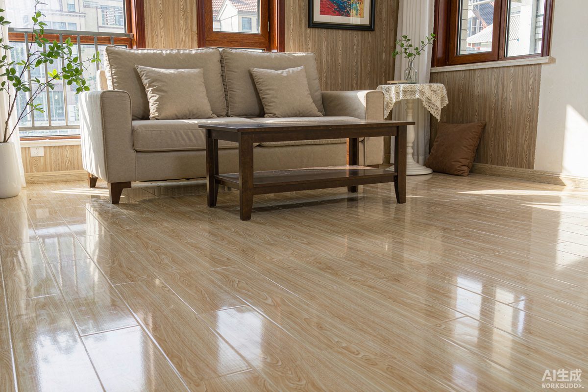 Modern living room with wood-look vinyl plank flooring and glossy wear layer surface