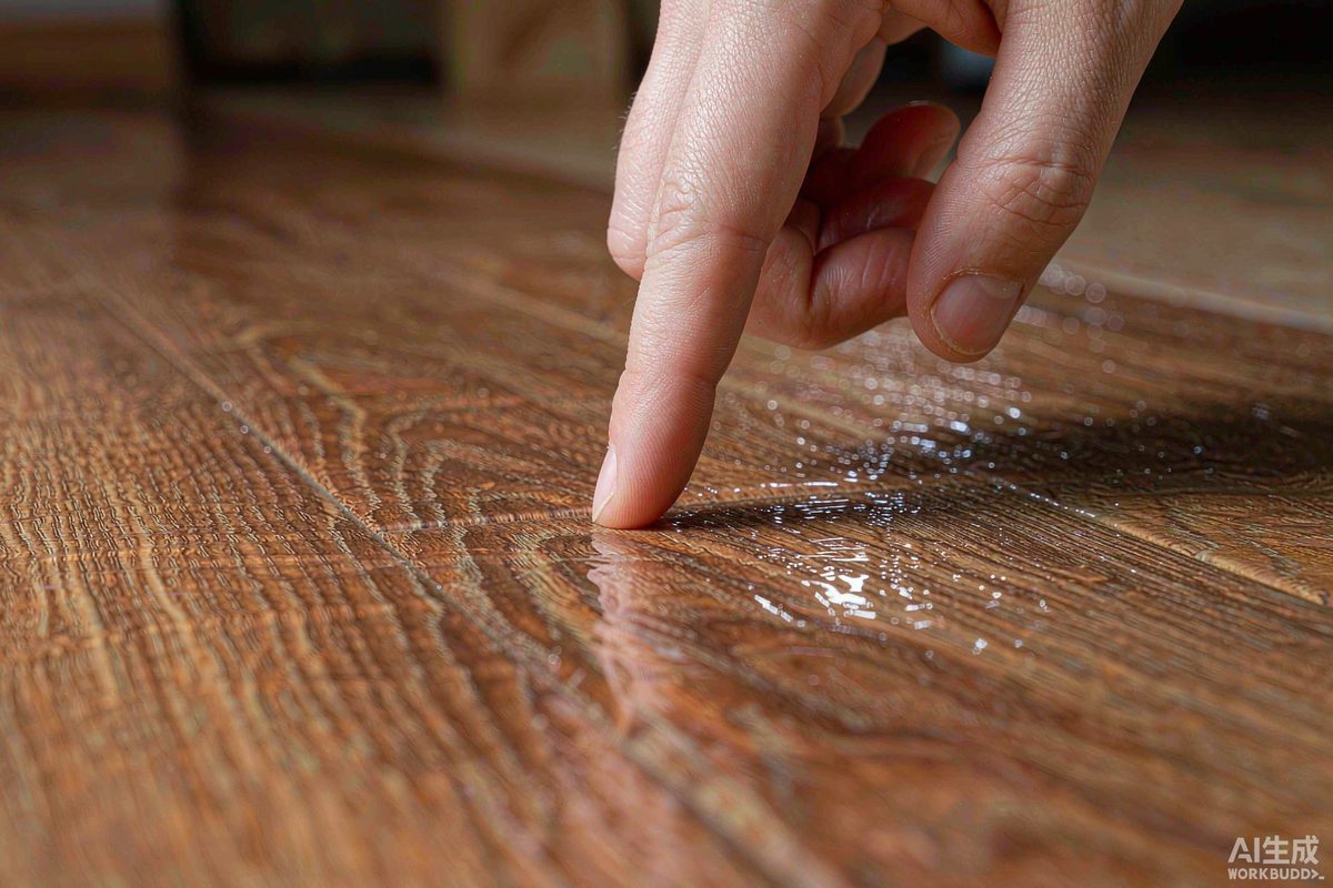 Close-up of hand touching the clear protective wear layer on a vinyl plank floor