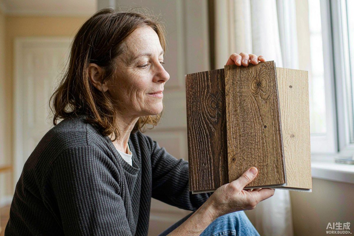 Homeowner comparing three luxury vinyl plank flooring samples in hand