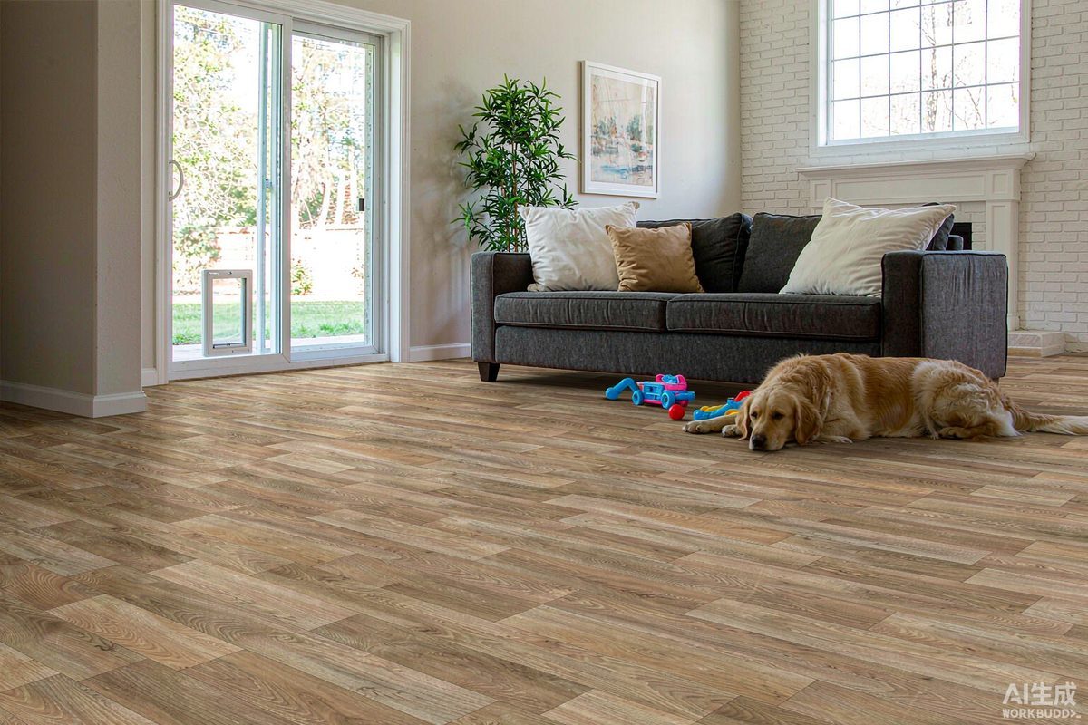 Golden retriever dog resting on durable wood-look vinyl plank flooring in a family living room