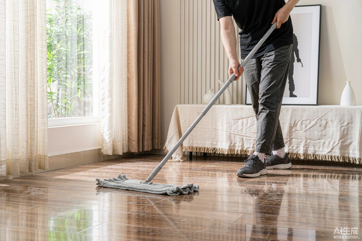 Person damp mopping a wood-look vinyl plank floor with a microfiber mop