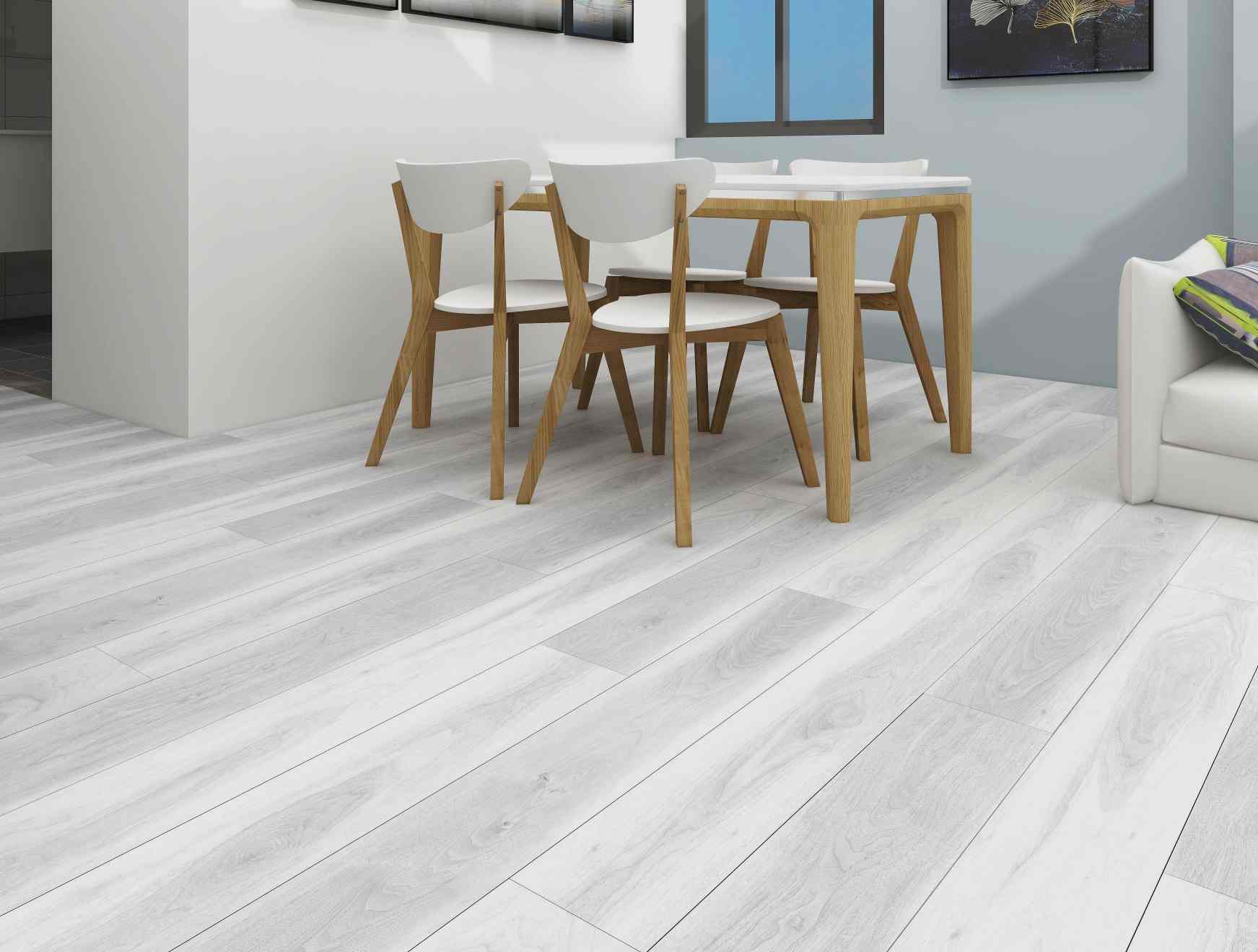 Modern living room with wood-look vinyl plank flooring and glossy wear layer surface
