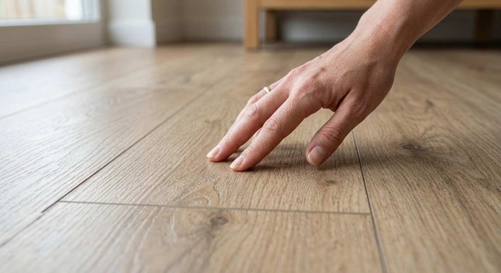 Close-up of hand touching the clear protective wear layer on a vinyl plank floor