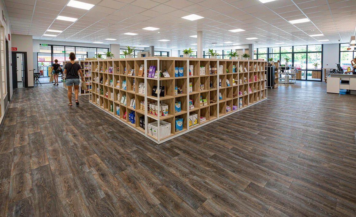 Modern retail store interior with commercial-grade vinyl plank flooring