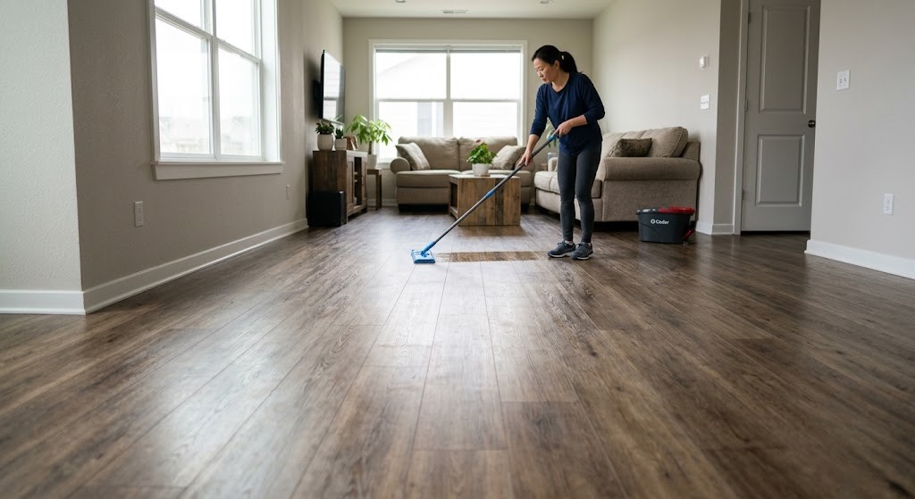 Person damp mopping a wood-look vinyl plank floor with a microfiber mop