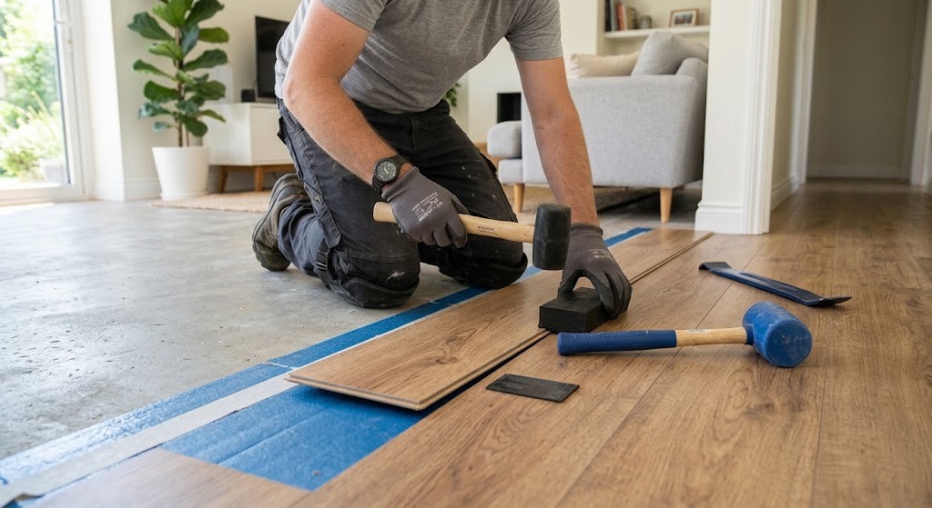 DIY vinyl plank flooring installation in progress in a bright modern living room