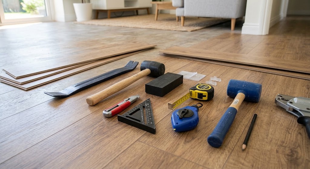 Vinyl plank flooring installation tools laid out on a wood-look vinyl plank floor