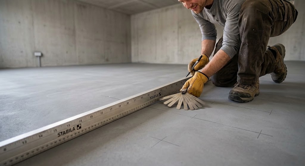 Checking subfloor flatness with a straight edge before vinyl plank installation