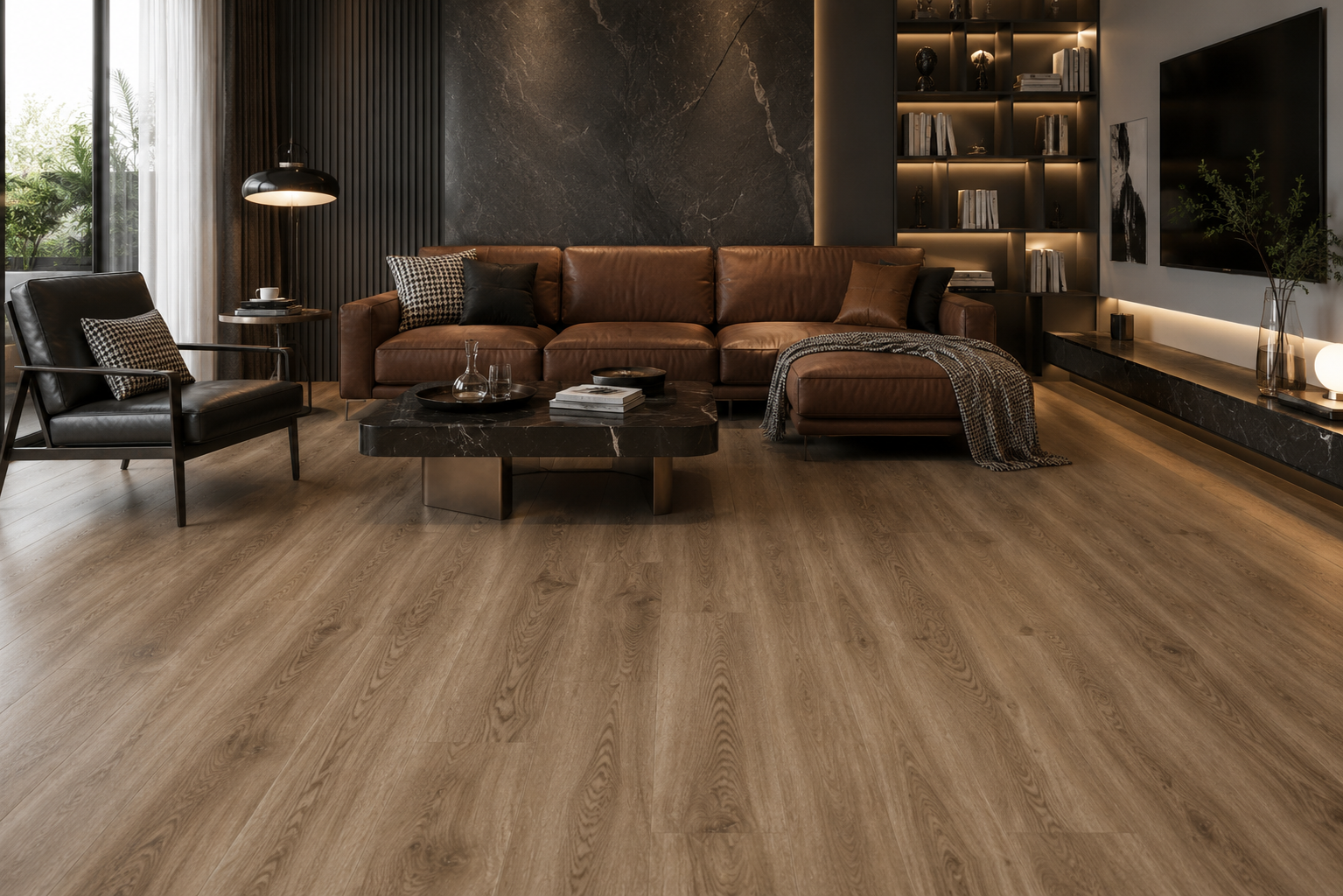 Modern living room with EIR SPC flooring authentic wood texture