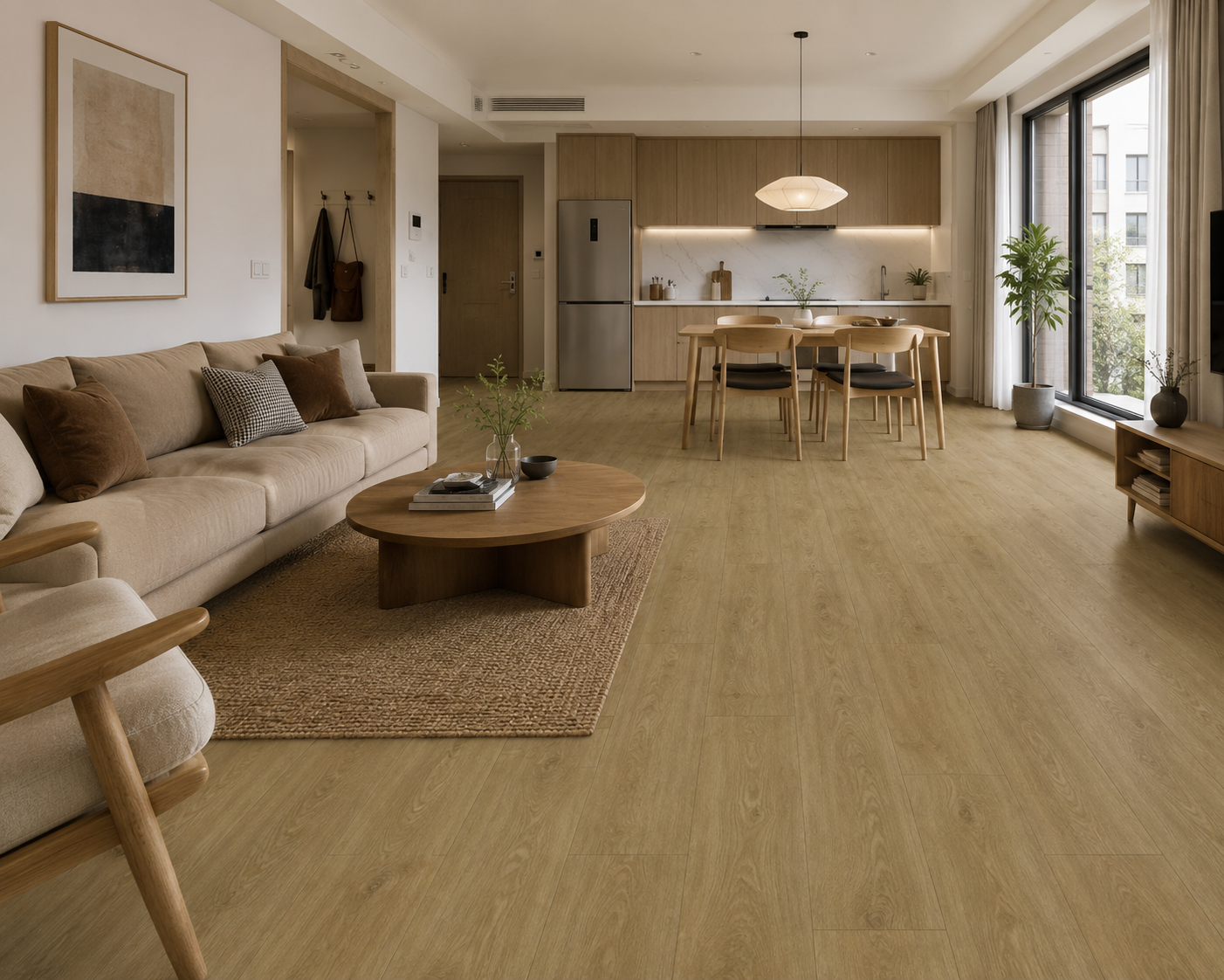Spacious livin room with premium wood-look flooring