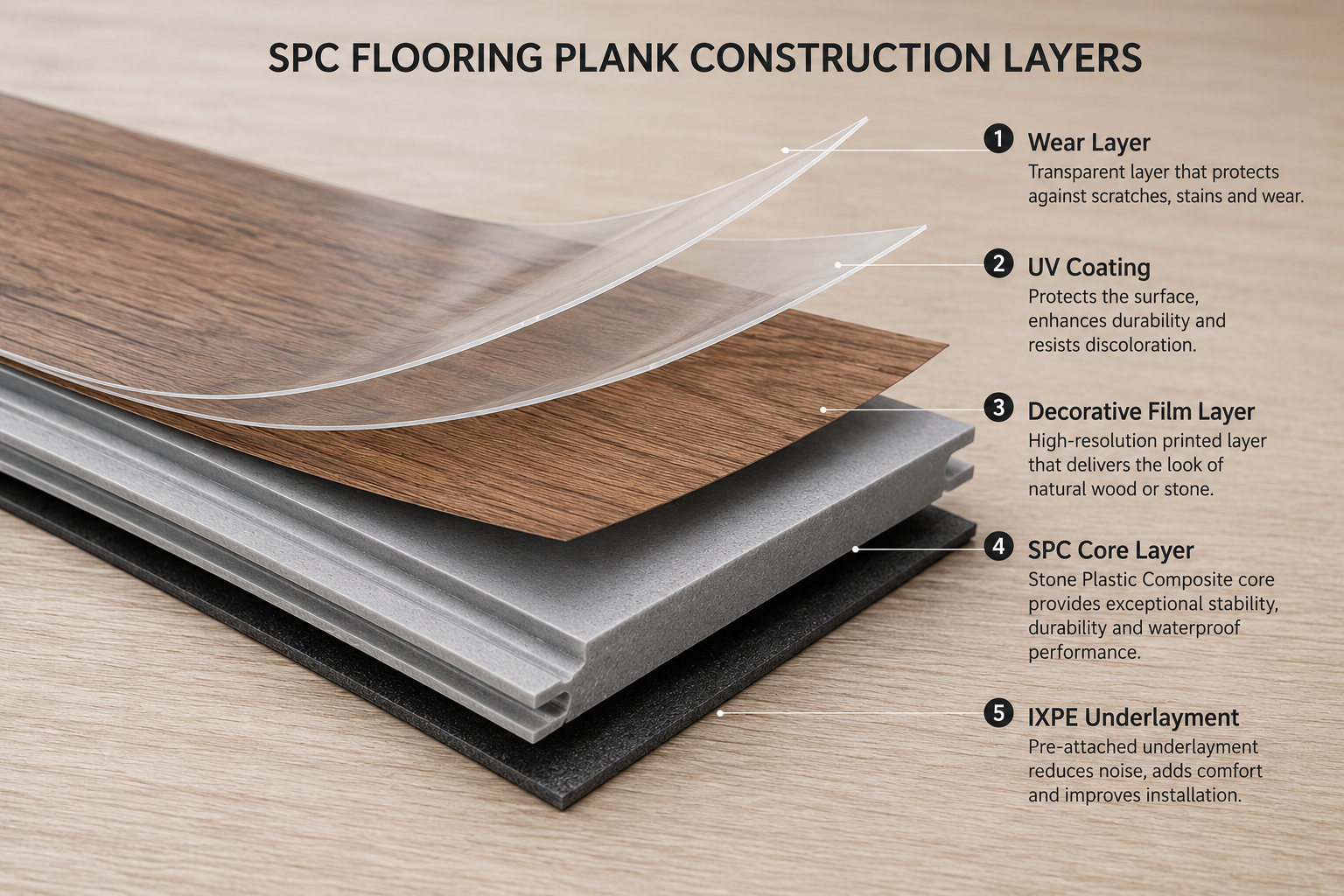SPC flooring plank construction layers close-up