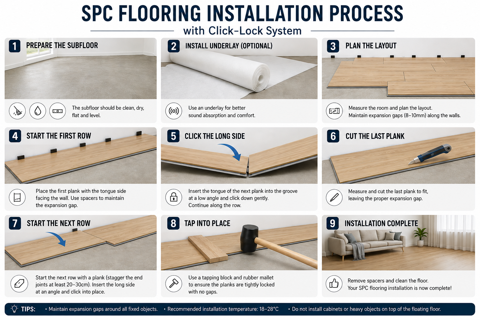 SPC flooring installation process with click-lock system