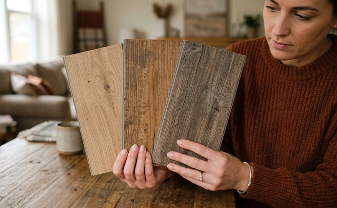 Homeowner comparing three luxury vinyl plank flooring samples in hand