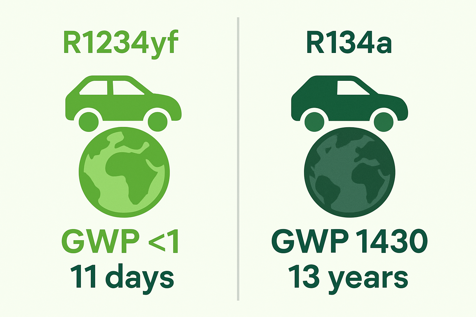 Infographic comparing R1234yf (GWP <1, 11 days lifespan) and R134a (GWP 1430, 13 years lifespan), highlighting environmental benefits